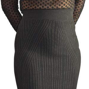 French Connection Knit Skirt Brown Stretch Pencil Midi Rib Texture Knee Length 2